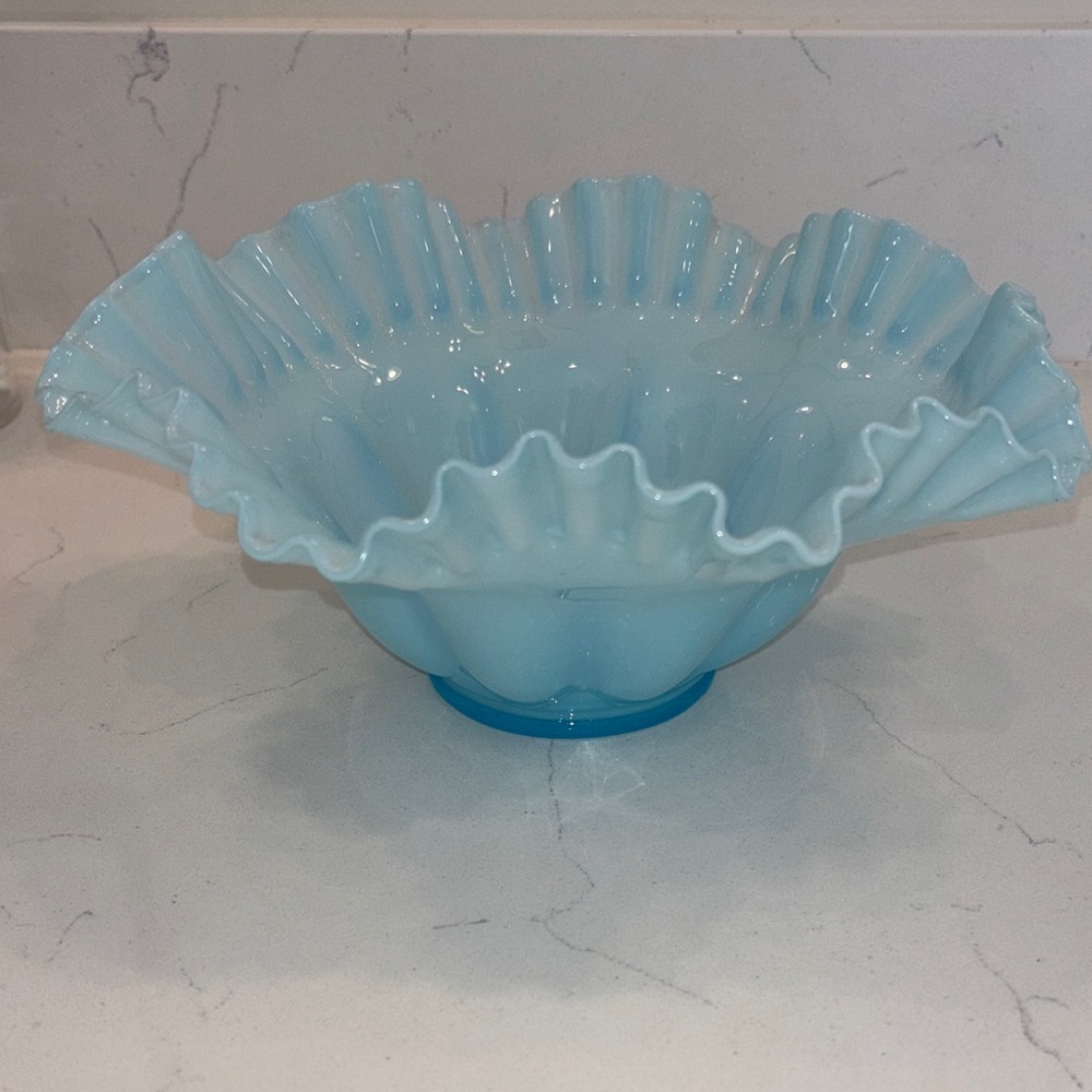 Ruffled Opalescent Blue Glass Bowl